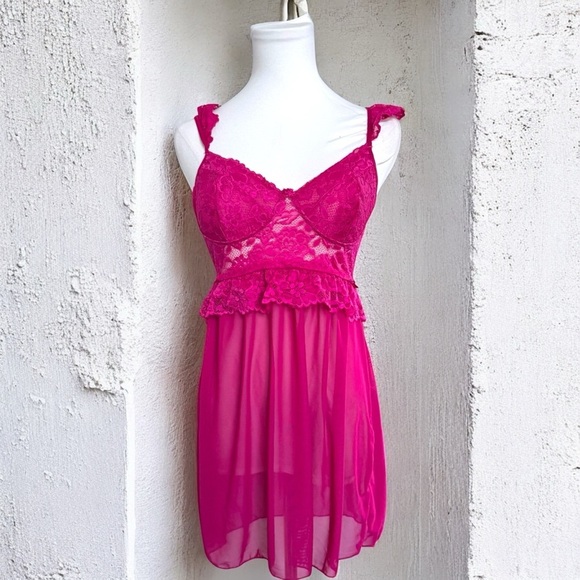 Other - NWOT Y2K Barbie pink Lace Chemise slip dress with ruffles coquette fairy M